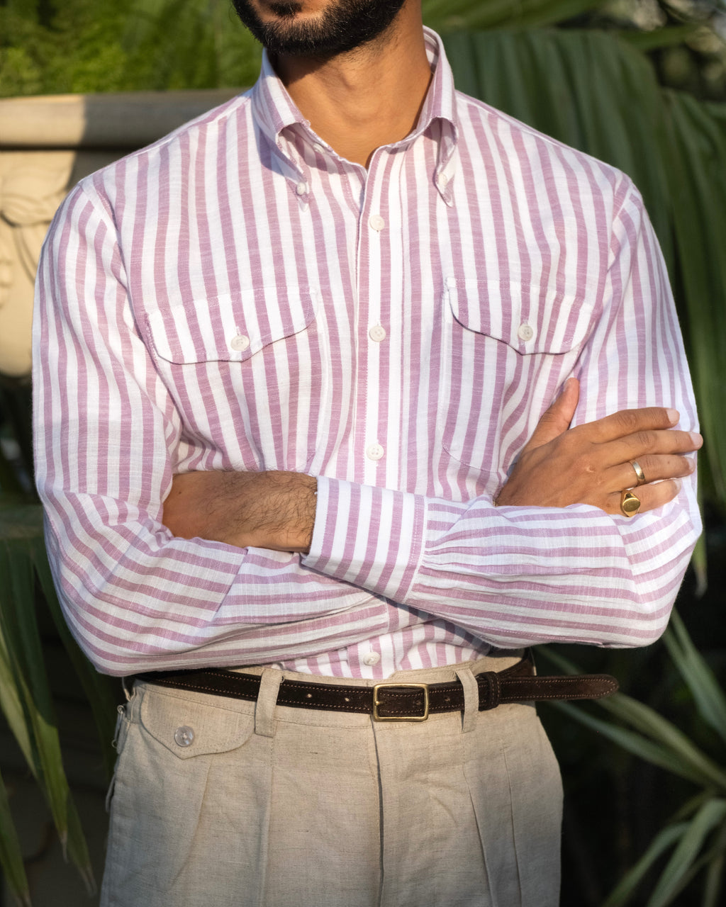 Monterosso Lavender Cotton-Linen Stripe Shirt