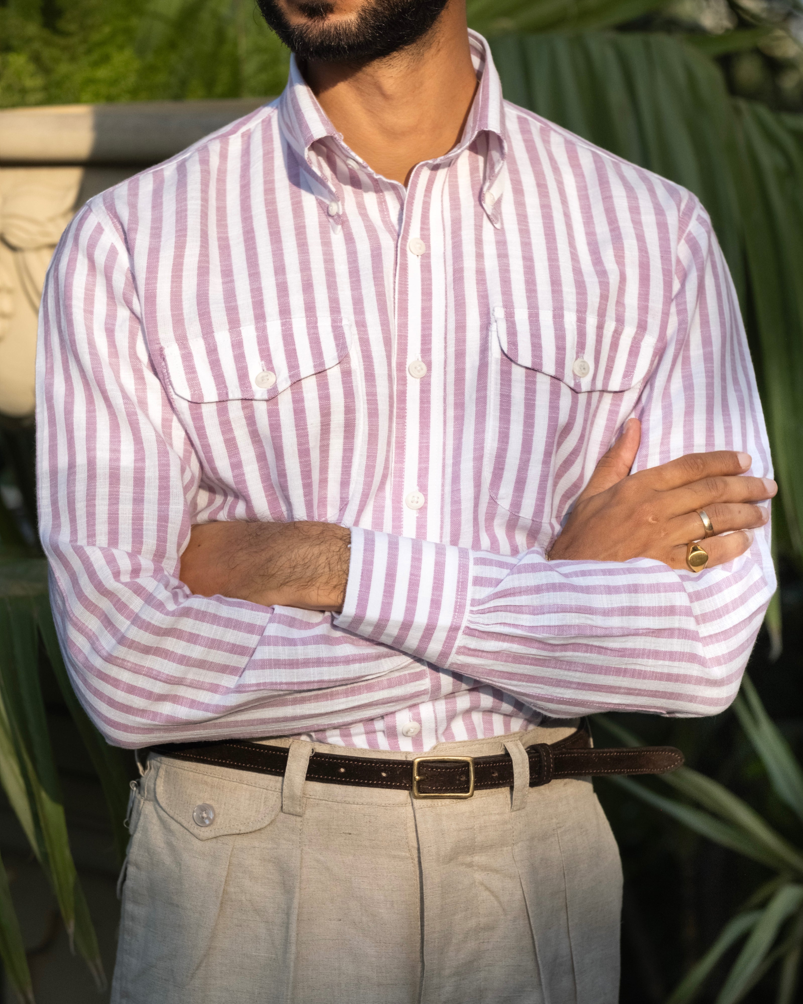 Monterosso Lavender Cotton-Linen Stripe Shirt