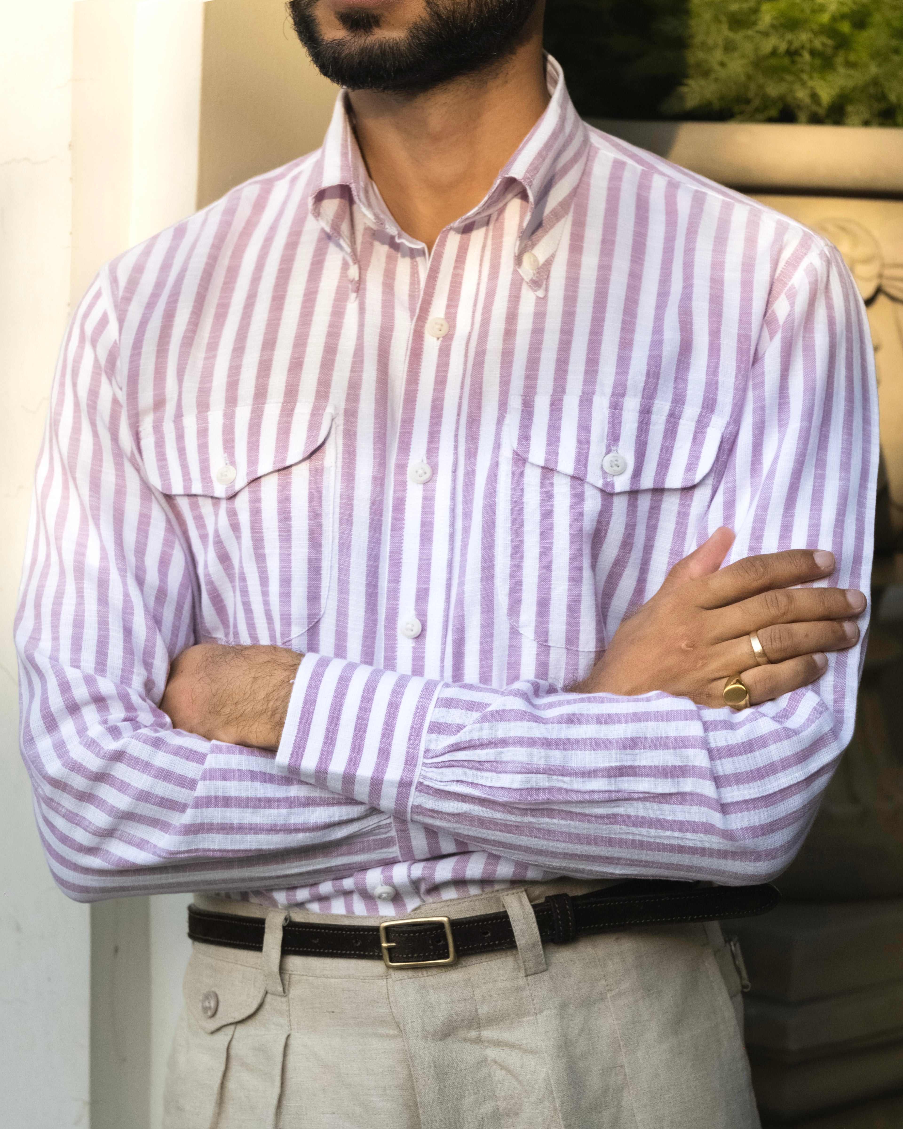 Monterosso Lavender Cotton-Linen Stripe Shirt